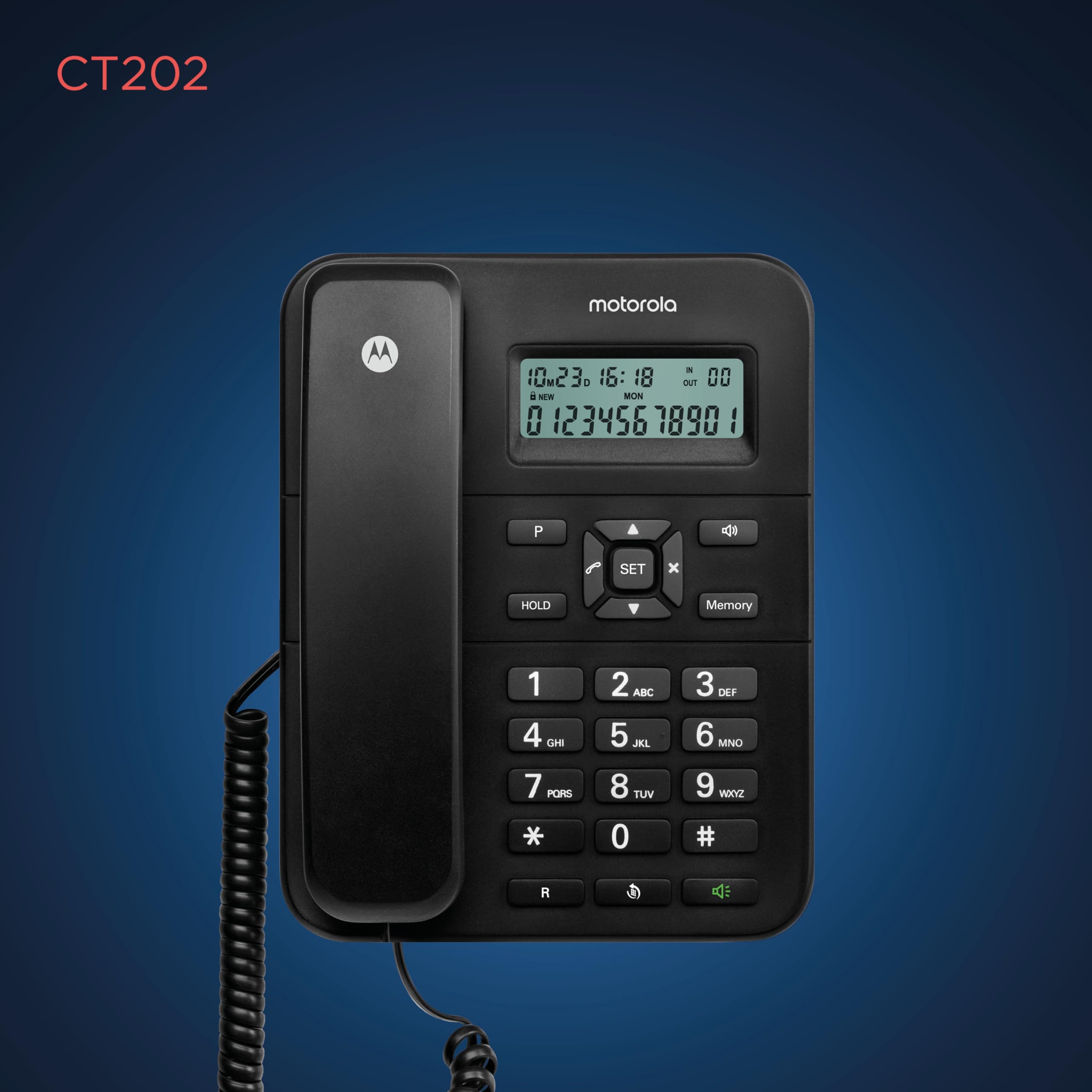 Motorola Voice - Téléphone filaire CT202, 10 touches mémoire, haut-parleur mains libres, musique d'attente, identification de l'appelant, recomposition du dernier numéro - Noir