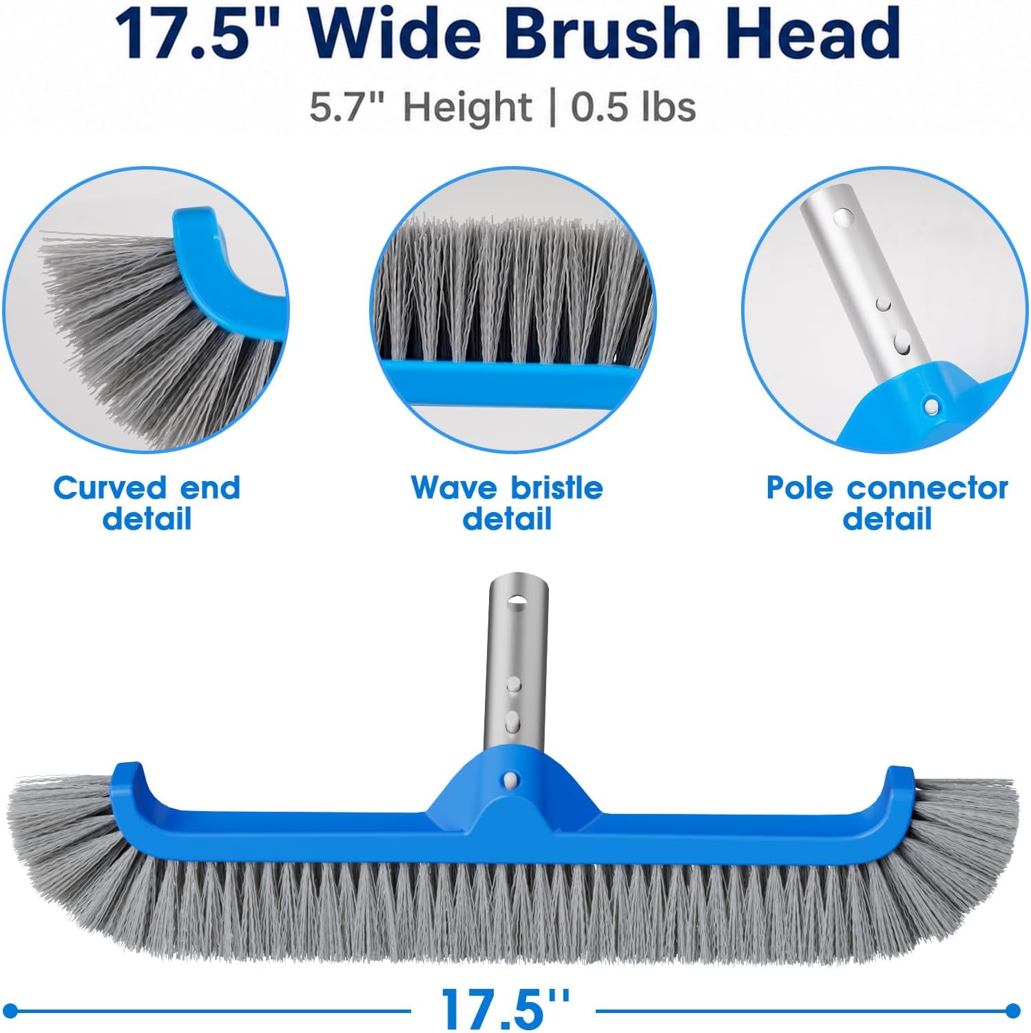 TidyMister 17.5" Pool Brush Head, Wave Bristles Pool Scrub Brush with Curved Ends for Walls, Floors, Steps & Corners, Fits 1-1/4" Standard Poles, for Inground & Above Ground Pools, Blue