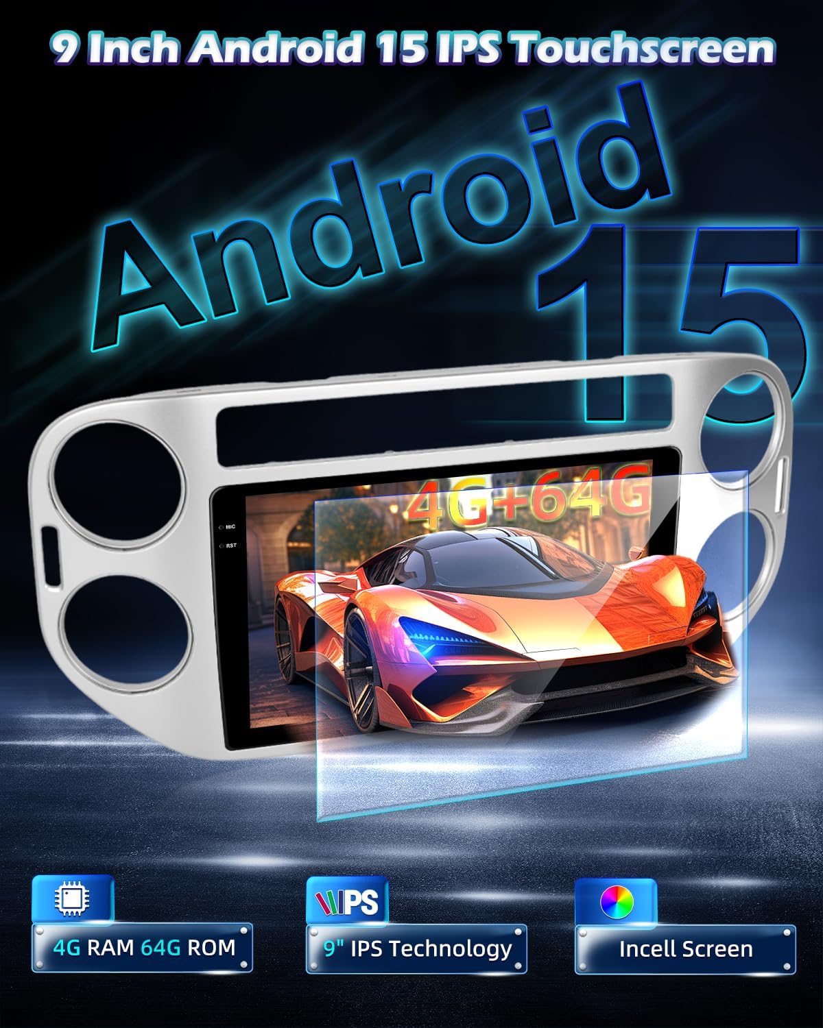 4G+64G Android 15 Car Stereo for VW Tiguan 2010 2011 2012 2013 2014 2015 with Wireless Carplay & Android Auto - 9 Inch Touchscreen Radio with EQ/5G WiFi/GPS/SWC/Mirror Link, AHD Rear View Camera