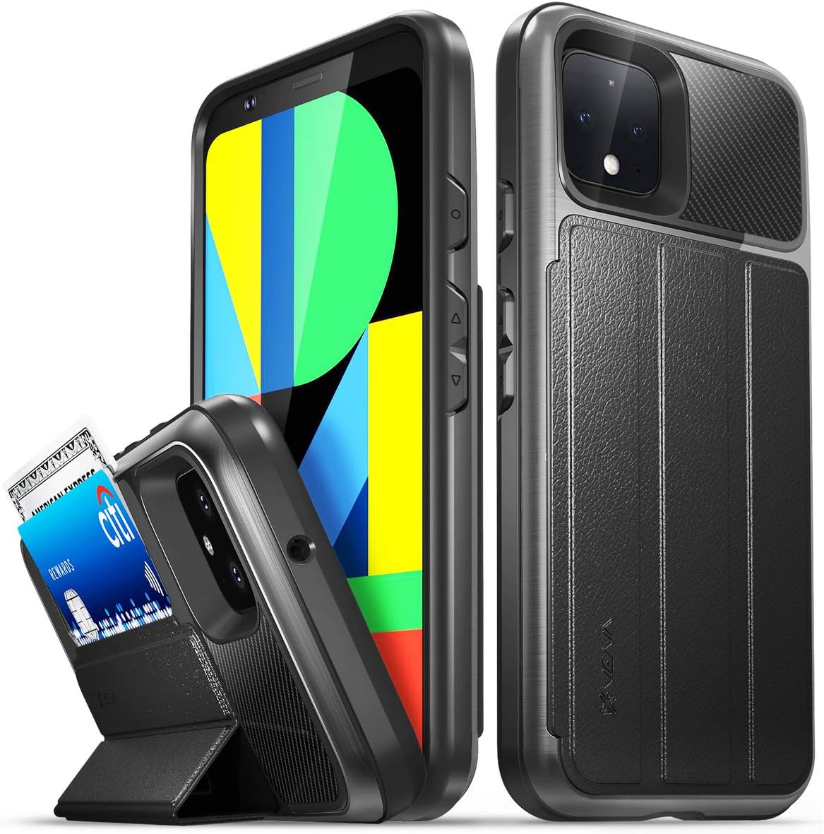 VENA Pixel 4 Wallet Case, [vCommute] [Military Grade Drop Protection] Flip Leather Cover Card Slot Holder Compatible with Pixel 4 (Space Gray/Black)