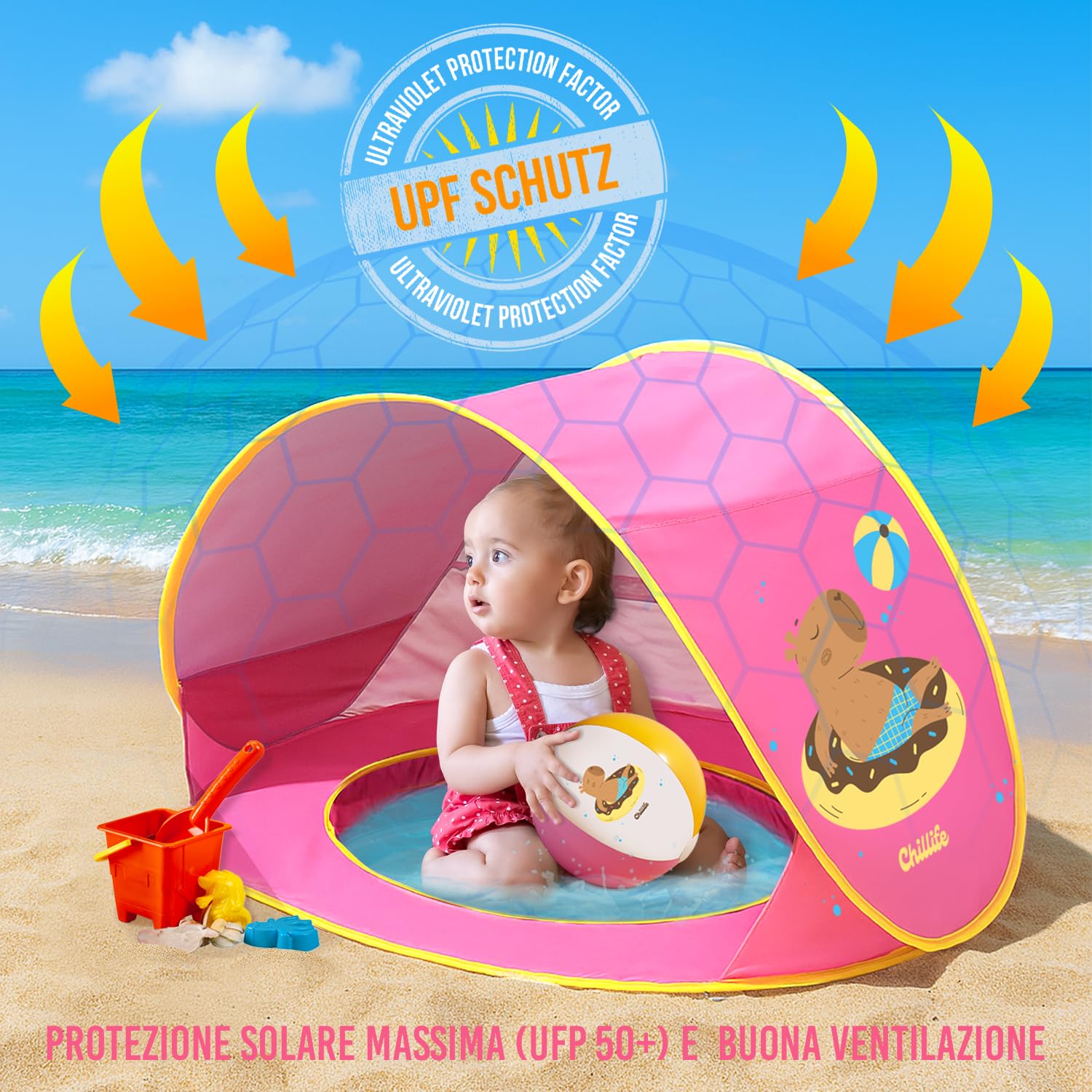Chillife Namiot plażowy typu pop-up, przenośny namiot plażowy z ochroną UV i wiatrem, na plażę, zintegrowana piaskownica, basen I torby do przechowywania, zamek błyskawiczny dla 2 osób