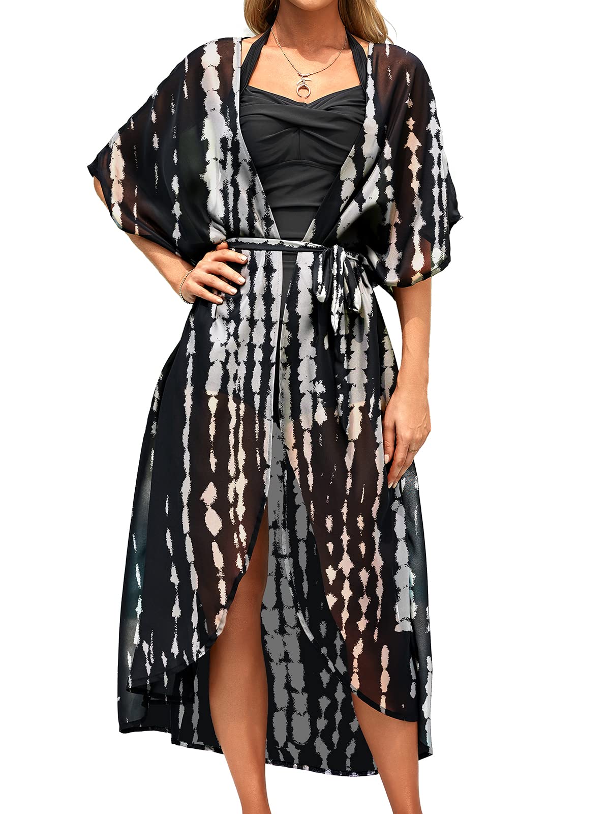 Photo 1 of MOLYBELL Women's Long Swimsuit Coverup with Waist Tie Loose Kimono Cardigans Black/White