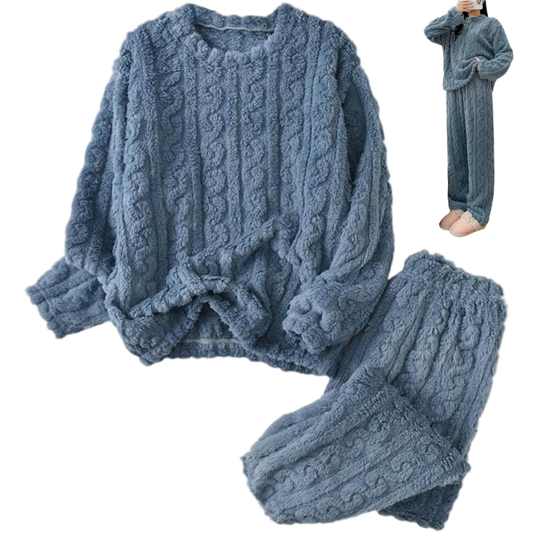 Tsawntd Cozy Loungewear Warm Fluffy Coral Fleece Pajamas Loose Long Sleeve Pullover and Pants Set for Women Men Sky Blue