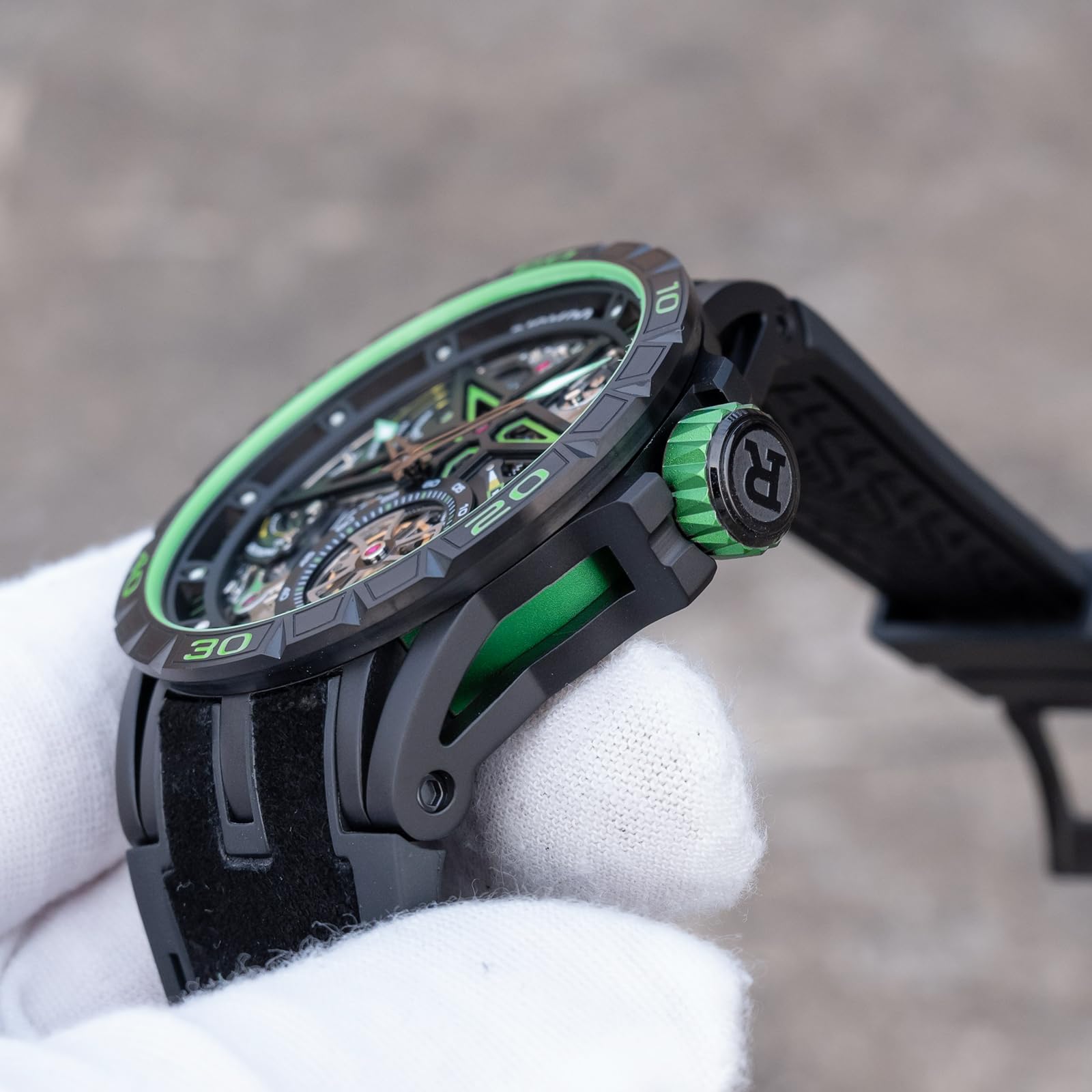 OBLVLO Męski szkielet mechaniczny zegarek, obudowa ze stali nierdzewnej 316L, szara gumka, duża tarcza, wodoodporny, styl wojskowy, model RD-905