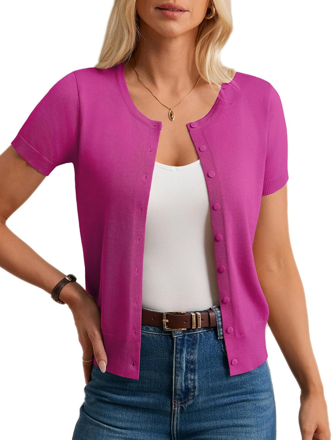 GRACE KARIN Short Sleeve Cardigans for Women, 2026 Summer Knitted Sweater Tops, Basic Crew Neck Crop Outfits