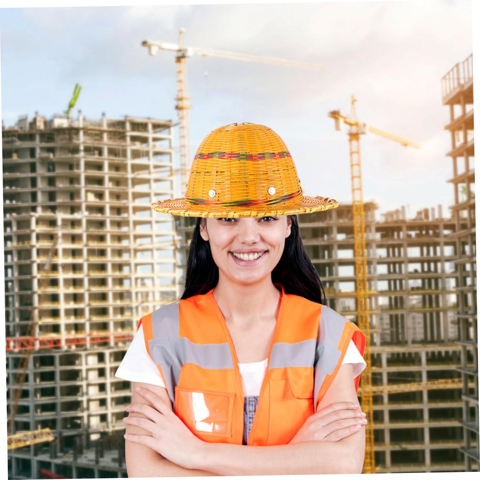 FOMIYES Handgewebter Schutzhelm aus Bambusgewebe für Baustelle und Sommerurlaub Atmungsaktiv mit Luftzirkulation Orangefarbener Industriehelm für Sonnenschutz Zufällige Farbe