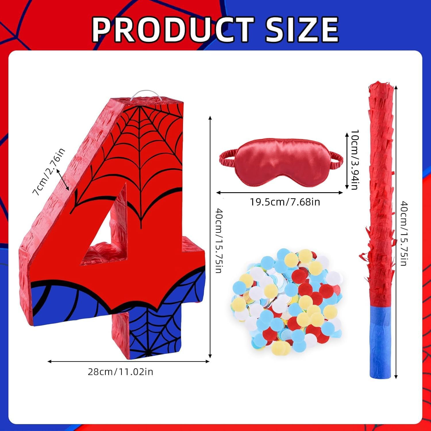 16 Inch Number 4 Spider Pinata with 16 Inch Piñata Stick Blindfold Confetti for Boy Girl Kids 4th Birthday Party Decorations (4th)