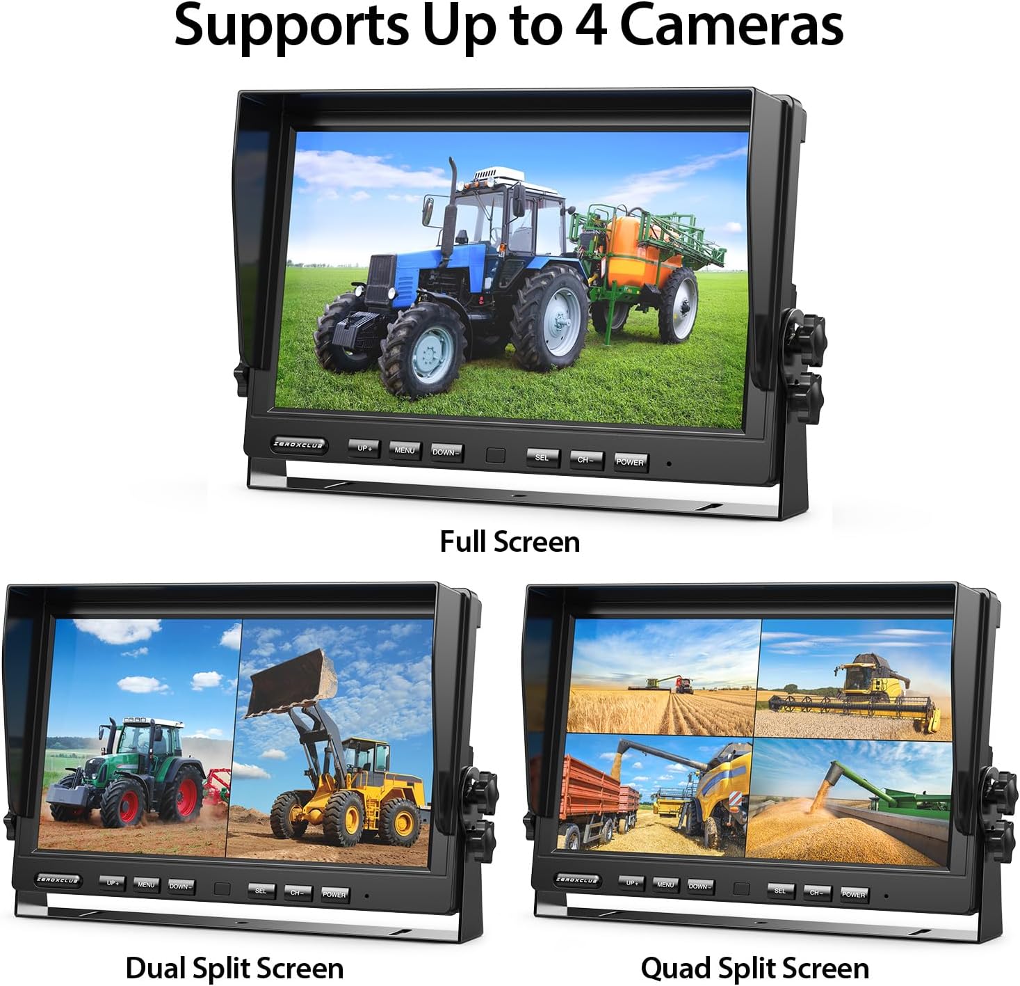 ZEROXCLUB 2 Wired Rear View Backup Camera System, 10" 1080P Monitor IP69K Waterproof Vibration-Proof 10G Reverse Camera, Quad Split Screen for Tractor, Truck, Trailer, Combine, Heavy Equipment, BH102