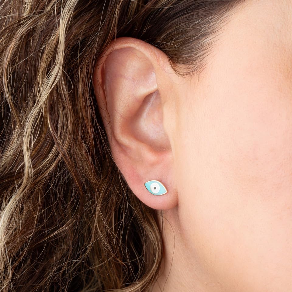 Evil Eye Enamel Stud Earrings Real Solid 14K Yellow Gold