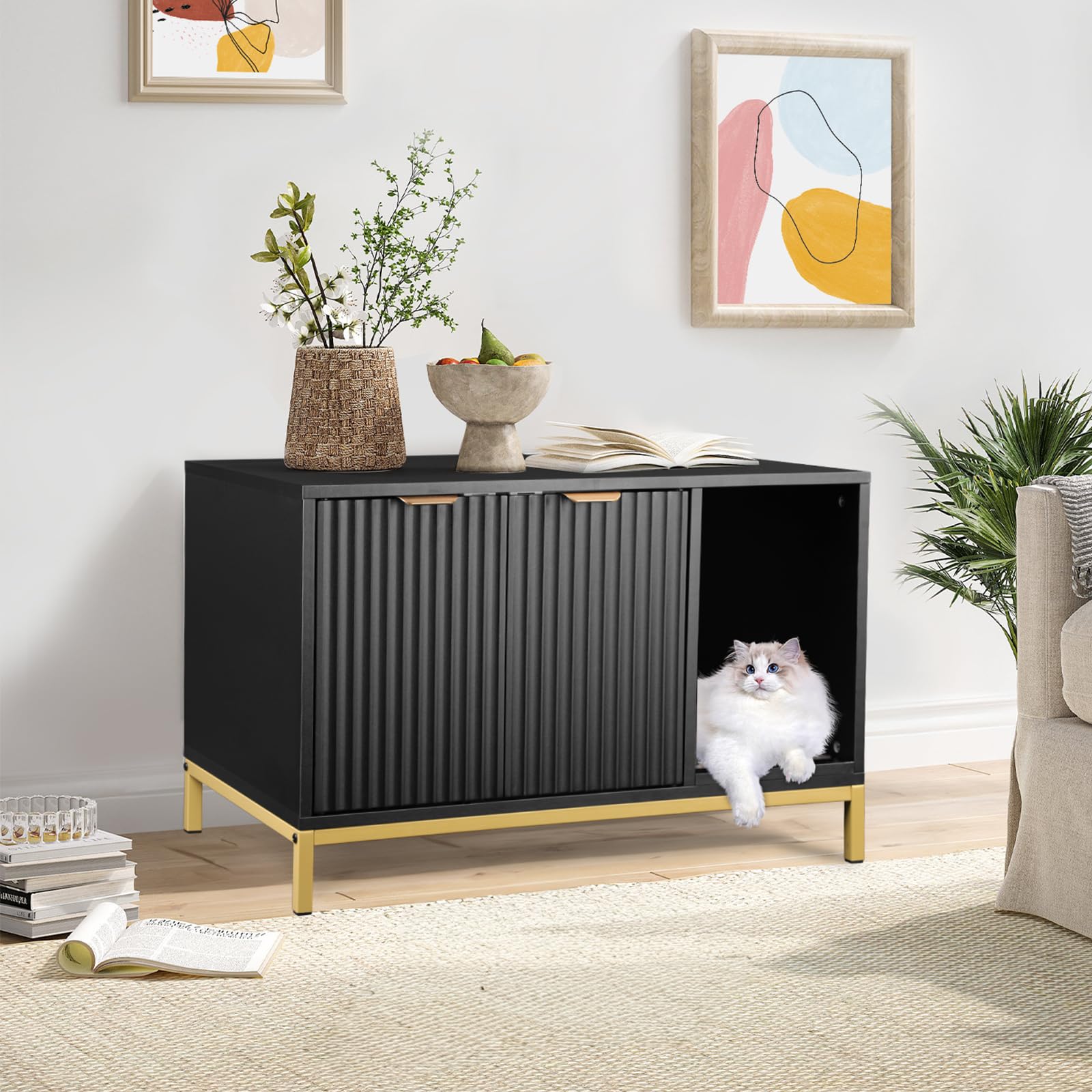 Cat Litter Box Enclosure, Hidden Litter Box Furniture with Metal Legs, Side End Table Indoor Cat House Storage Cabinet 31.5 x 19.7 x 20 Inches (Black + Gold)