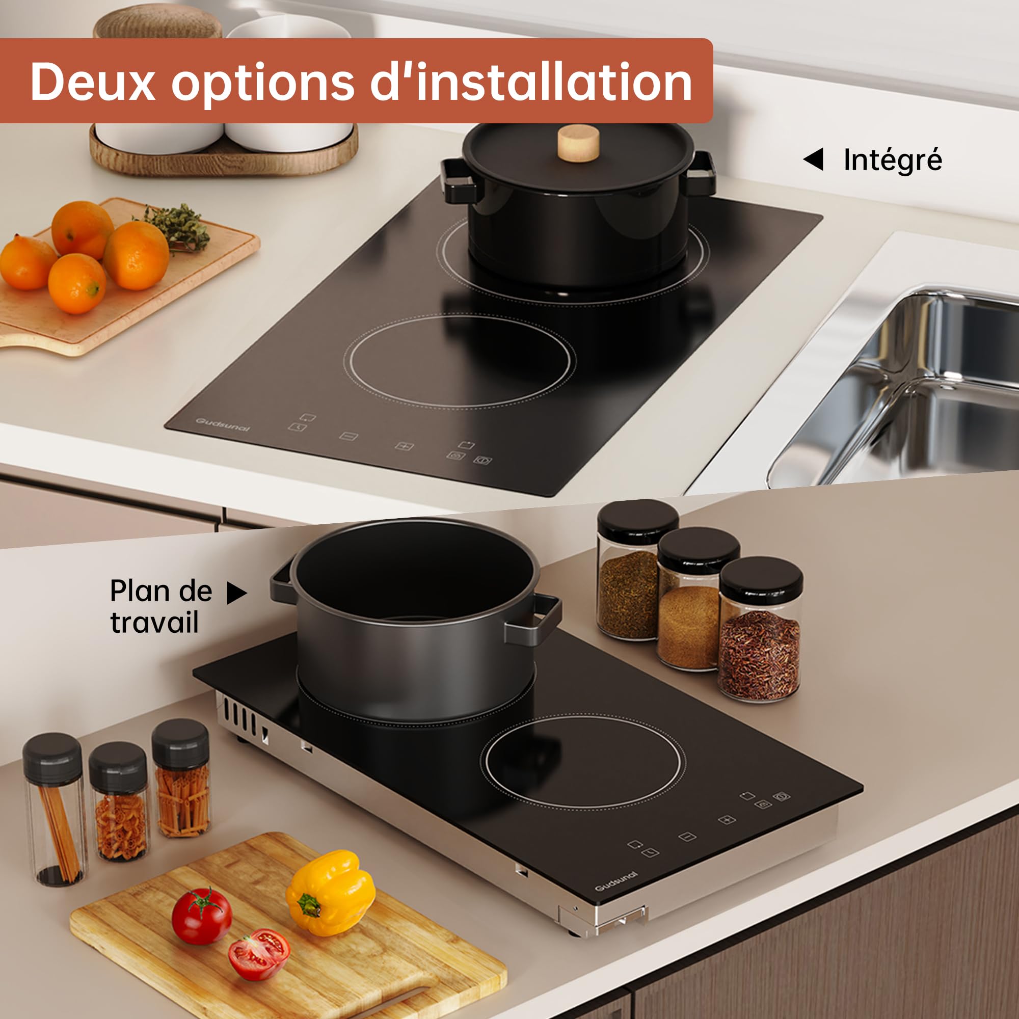 Plaque Vitrocéramique 2 Foyers 3000W - Tactile - 9 Niveaux - Minuterie - Verrou Enfant - Encastrable Ou Portable - 10