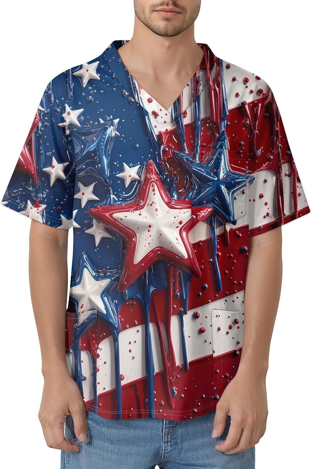 WENKOMG1 Men's Flag Print Scrubs Top V-Neck Short Sleeve Athletic Fit Nursing Uniform Scrub Shirts with Pockets
