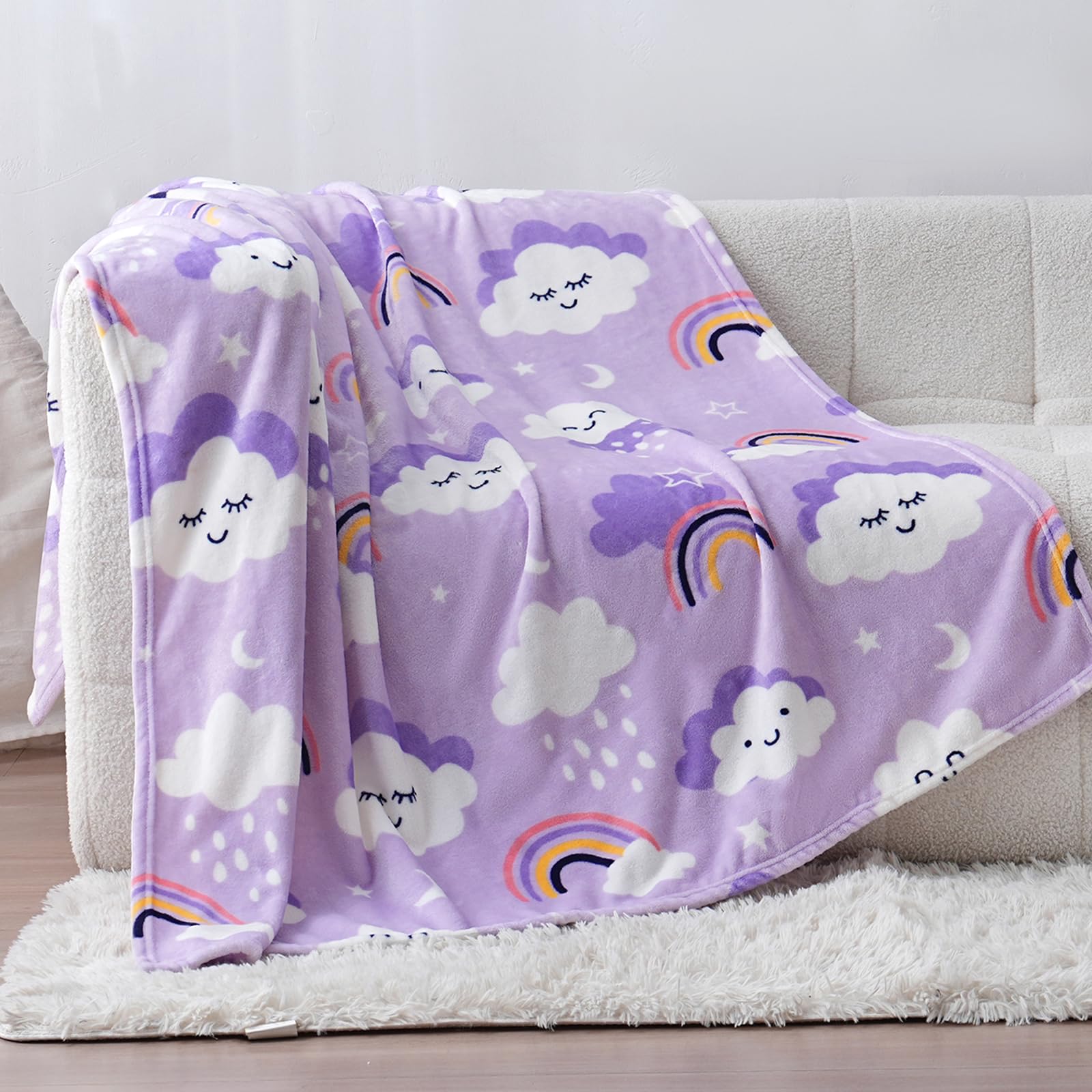 Cute Cloud Print Fleece Throw Blanket for Kids Boys and Girls, Soft Lightweight Cozy Warm Flannel Blanket for Toddler Bed, Purple 127 x 150cm