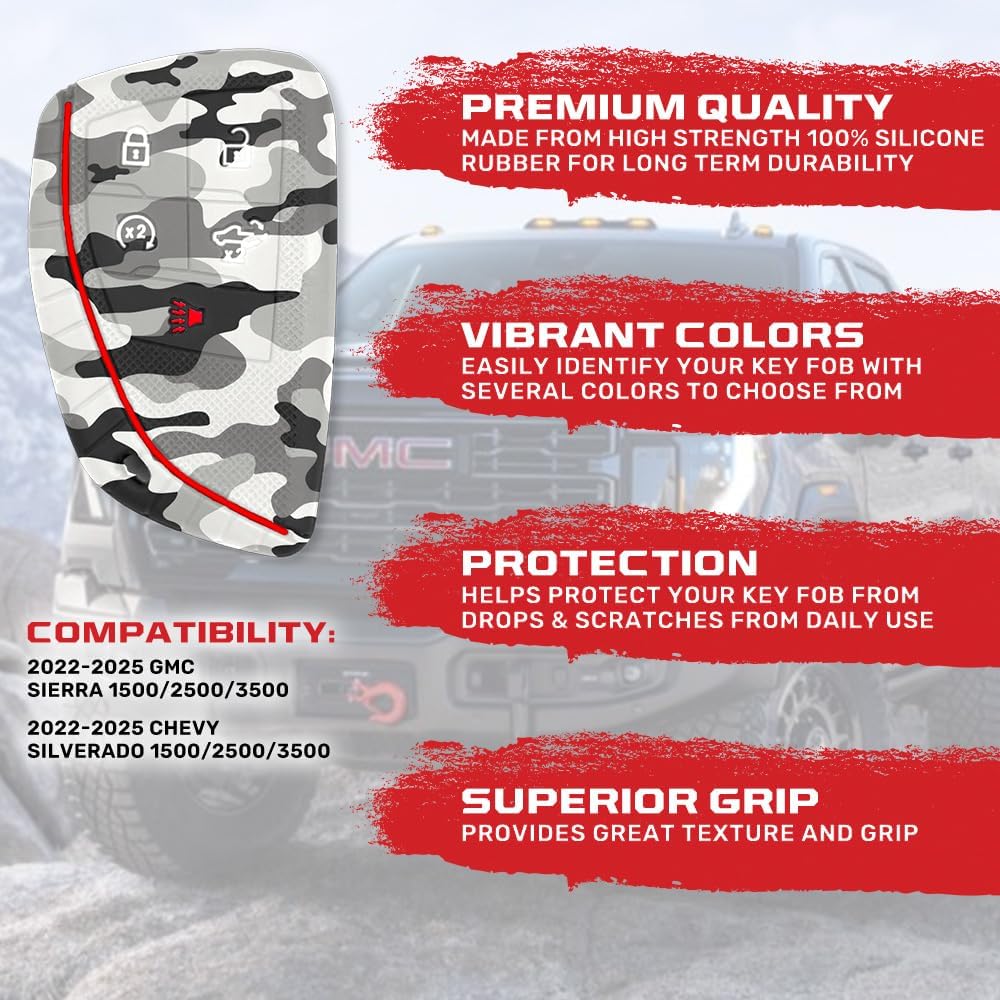 RECON Fits 22-25 GMC Sierra 1500, 2500, 3500 & 22-25 Chevy Silverado 1500, 2500, 3500 100% Silicone Rubber Rugged Key Fob Protection Cover Premium Quality 5 Button (Arctic Camo)