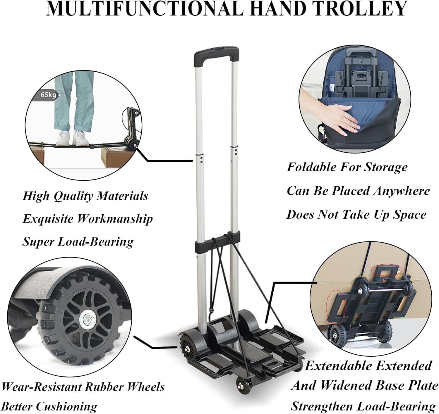 Folding Hand Truck with Expandable Chassis - Luggage Cart Foldable Dolly with 4 Swivel Wheels, Lightweight for Easy Travel, Shopping, and Office Use,77lbs(Black)