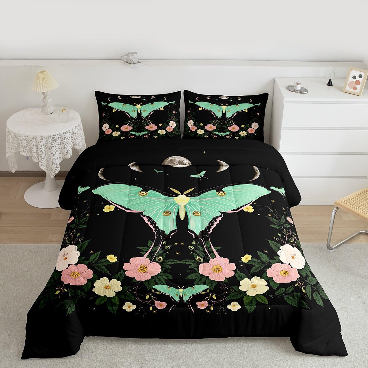 Homewish Moth Comforter Set Queen,Moon Planet Starry Sky Galaxy Bedding Set 3pcs for Kids Teens Boys Girls Room Decor, Gothic Butterfly Quilt Set Floral Duvet Insert with 2 Pillowcases