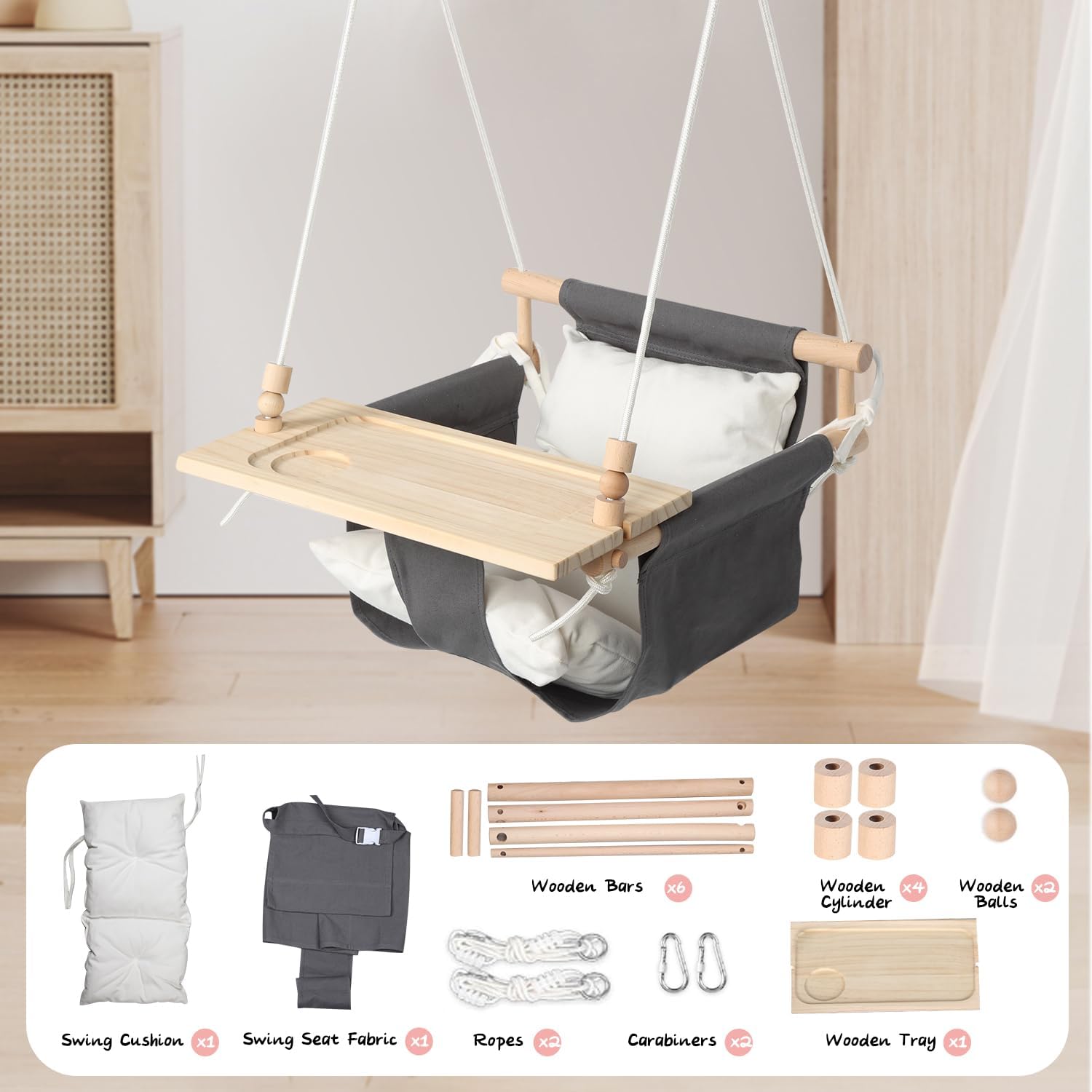KINSPORY Toddler Swing with Soft Cushion, Safety Buckle & Detachable Tray, Adjustable 57~71'' Canvas Baby Swing, High Back Infant Seat for Children' Room, Backyard, Playground Set (Grey)
