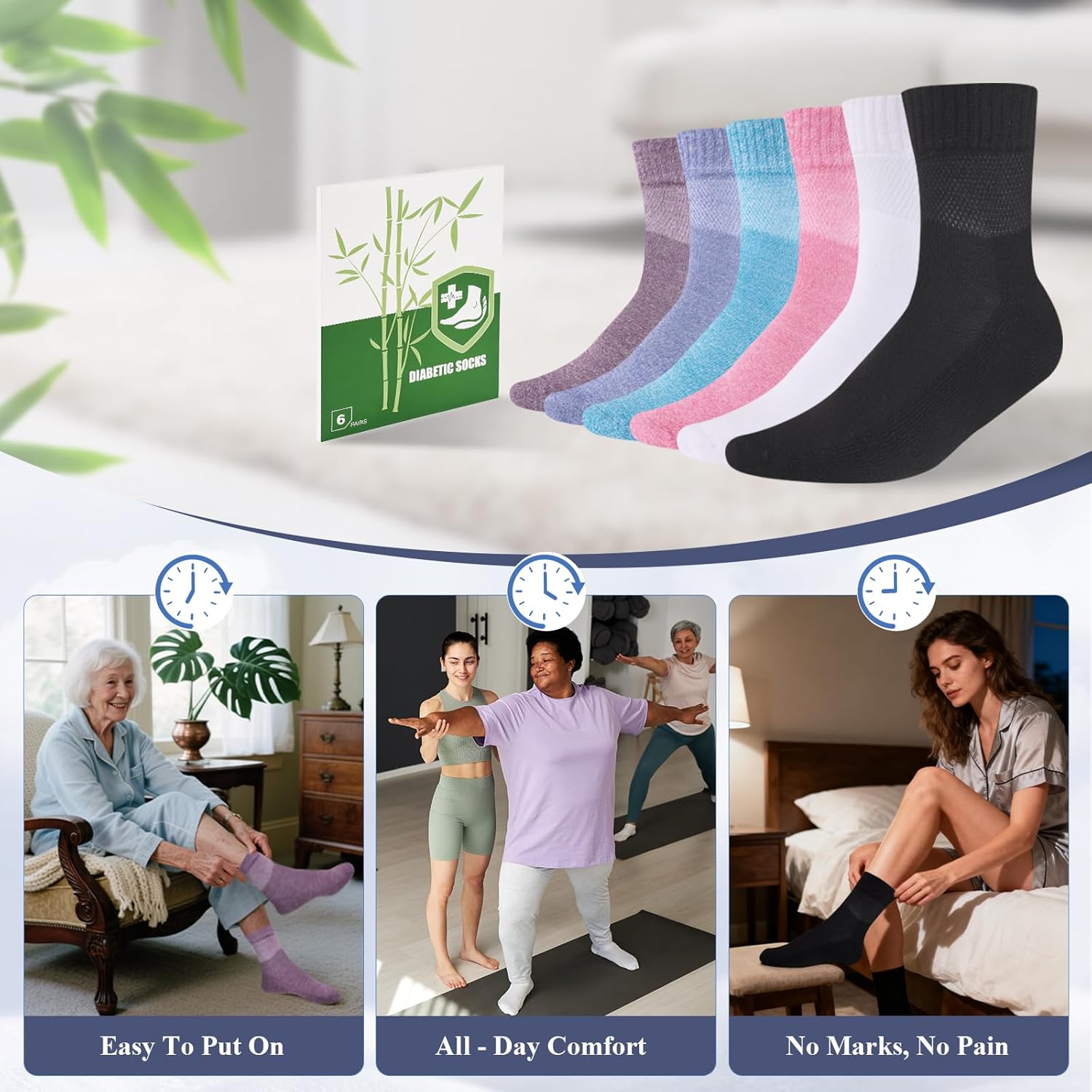 Bamboo Viscose Diabetic Socks for Women, 6 Pairs Non Binding Wide Top, Seamless Loose Cushion Socks for Swollen Feet - Image 7