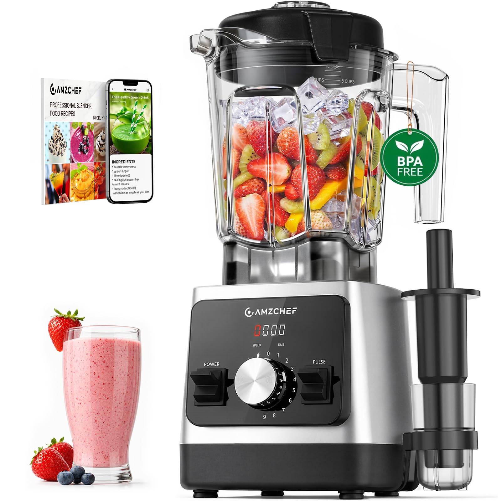 AMZCHEF Hochleistungs-Standmixer 1800 Watt, 2 L Tritan-Behälter (BPA-FREI) | Mixer für Smoothies, Hacken von Gemüse & Mixen von Frozen Drinks, 5 Automatikprogramme, 9 Geschwindigkeiten & Pulse-Funktion