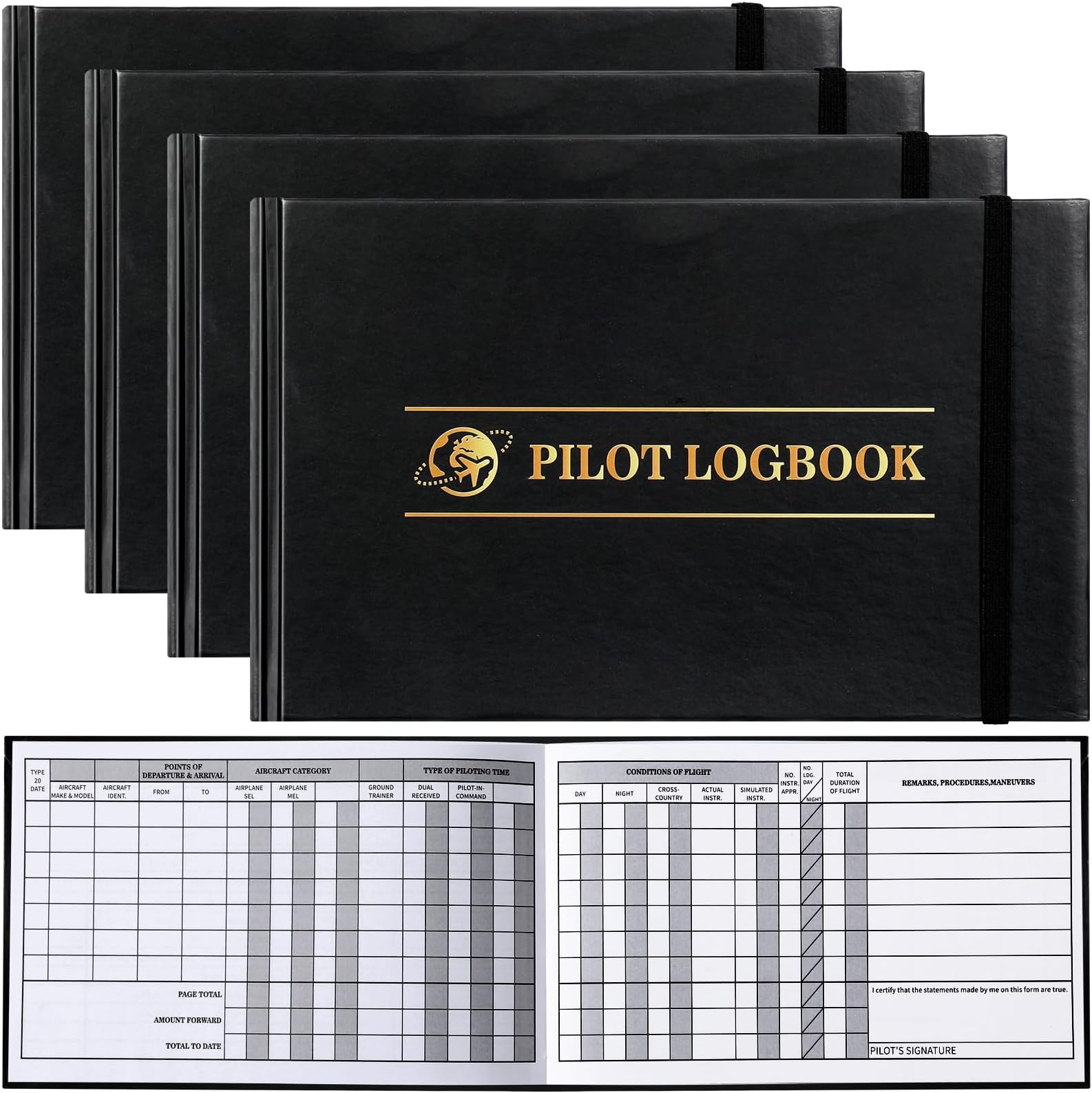 ReliThick 4 Pcs Pilot Logbook Black Hardcover Pilot Log Book Flight Log Book(Classic)