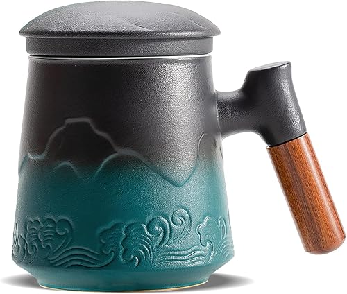 ZENS Taza de té con infusor y tapa, taza de té de cerámica con mango de palisandro, taza de té de hojas sueltas de 15.2 onzas para regalos, negro y