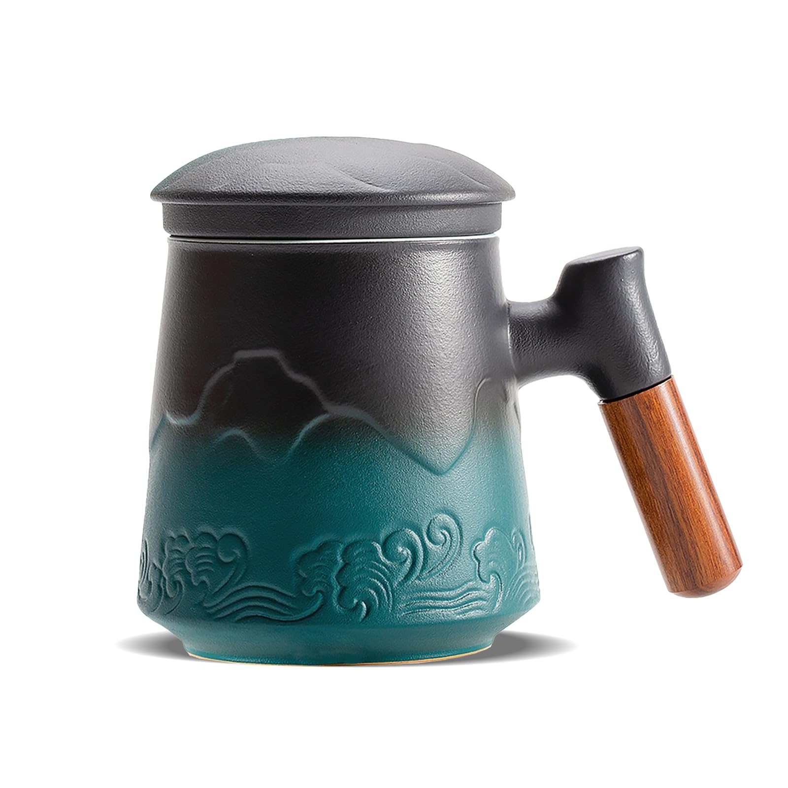 ZENS Tea Mug with Infuser and Lid for Loose Leaf Tea Steeper, 15oz Green | Embossed Ceramic Tea Cup with Infuser for Herbal Tea Difussers, Tea Lovers Gifts, Nature Wood Handle