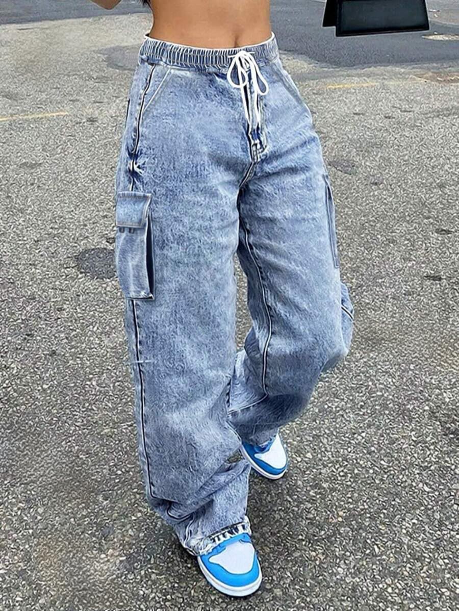 Cargo Jeans for Women Wide Leg High Waisted Stretchy Multi Pockets Baggy Denim Cargo Pants - Image 3