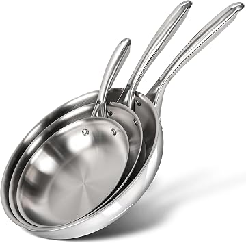 MICHELANGELO Tri-Ply Stainless Steel Frying Pan Set, 8" 9.5" 11" Skillets, Full Clad Stainless Steel Pans for Even Heating, Durable Cooking Pan Set for Home Chefs & Everyday Cooking