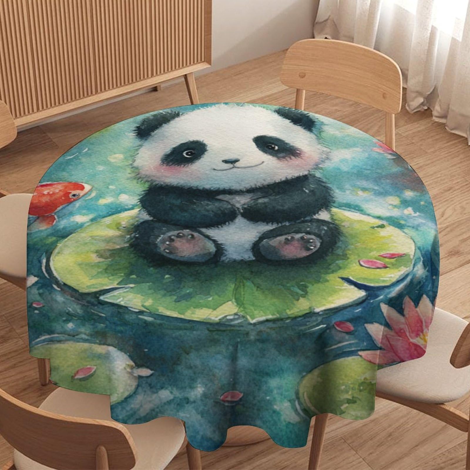 LUYYSKY Classic Colorful Cute Panda Round Tablecloth Funny Oil Painting Natural Lotus Flowers Animal Panda Fish Washable Decor for Table Cover for Kitchen-127 Wx127 L cm