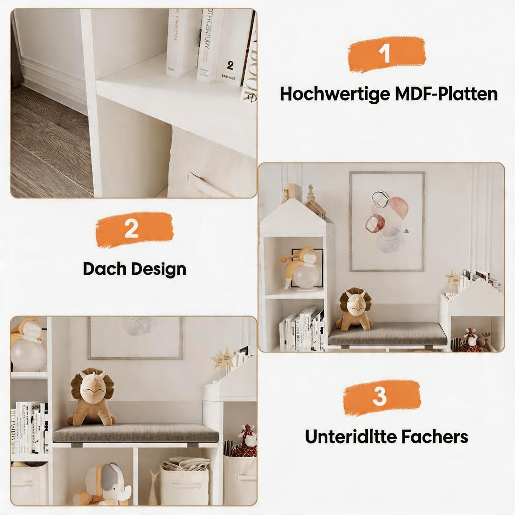 Kinderregal Hausform mit Sitzbank, 6 Fächer Spielzeugregal, Weiß | Gepolstertes Sitzkissen, Kippschutz, Robustes MDF, Abnehmbarer Bezug, Viel Stauraum, Sicher, Pflegeleicht, Stabil, Modern