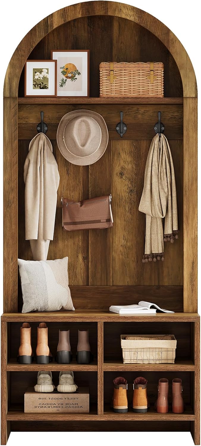 Tribesigns 70.87“ H Hall Tree with Bench and Shoe Storage, Arched Coat Rack with Shoe Storage, Entryway Bench with Coat Rack, 4 Hooks & 4 Cubbies, for Mudroom, Entryway, Hallway, Brown