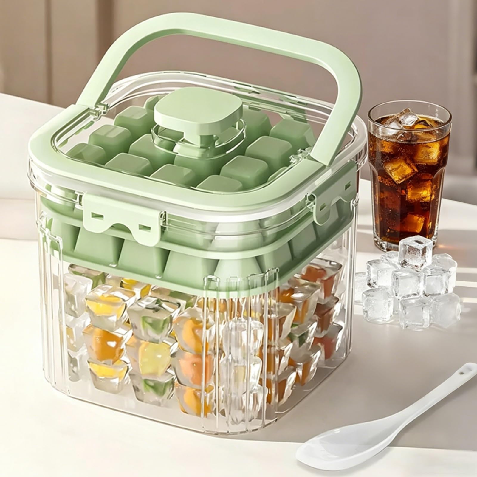Bandeja For Cubitos De Hielo For Café Con Tapa Y Recipiente De Almacenamiento, MáQuina De Hielo Cuadrada Apilable For Café Helado, Té, Jugo