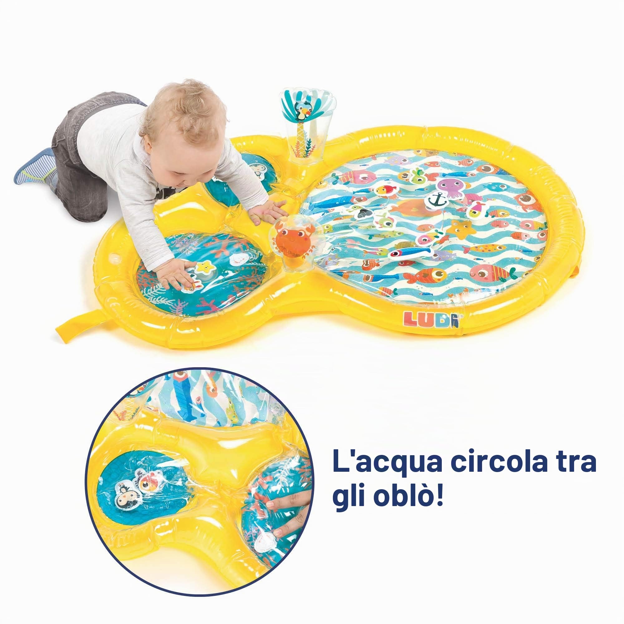 LUDI - Tappeto ad acqua - Grande Tappeto per Attività Sensoriali per Stimolare i più Piccoli - Sviluppo della Motricità - 16 Animali Galleggianti - A Partire da 10 mesi