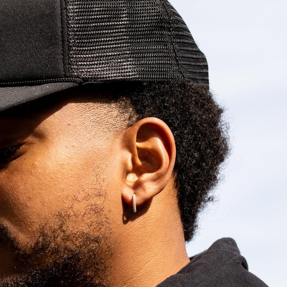 Fully Iced Cz 14K Yellow Gold Plated 925 Sterling Silver Post Small Thin Fashion Huggie Hoop Earrings For Men And Women Lightweight Hypoallergenic 11mm Hoop Earrings - Image 3