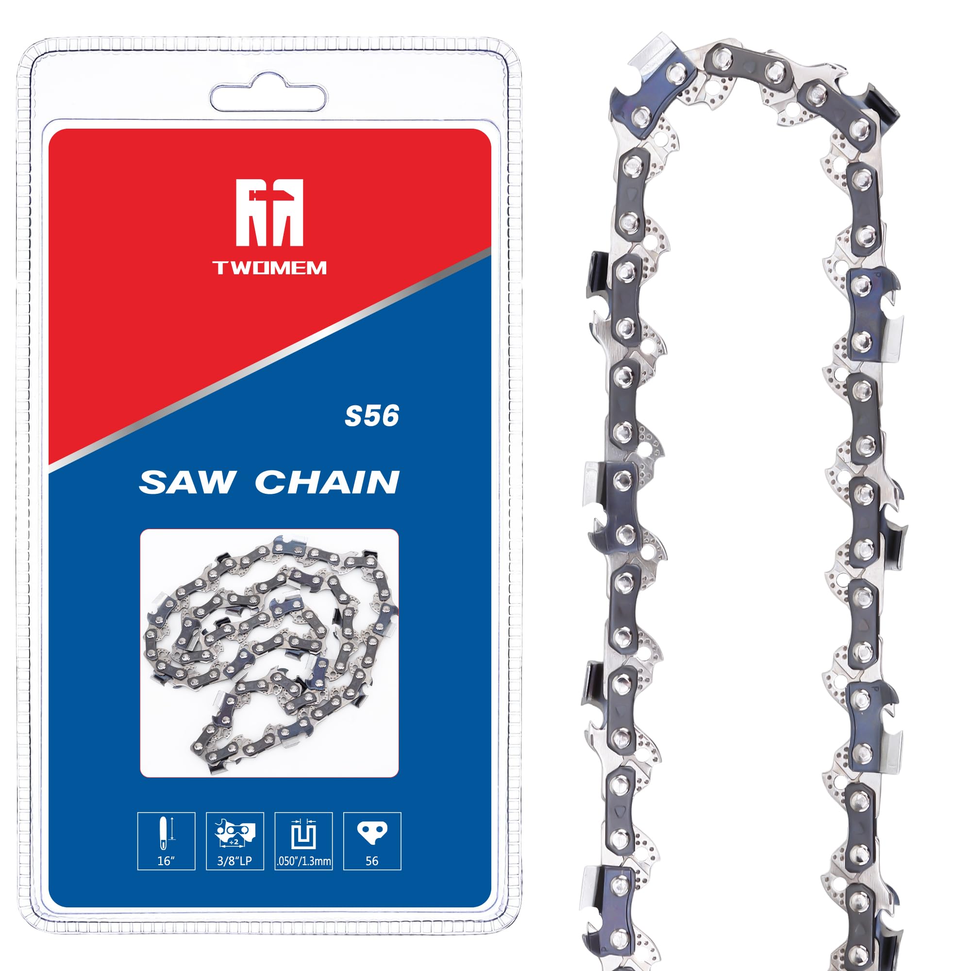 TWOMEM 1-Paket S56 Motorlu Testere Zinciri 40 cm 3/8 inç LP 0,5