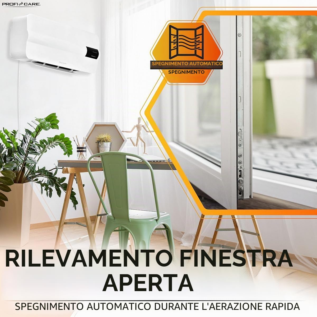 ProfiCare® Termoventilatore da parete con rilevamento aperto, radiatore fino a 60 mq, riscaldamento elettrico per montaggio a parete, con materiale di montaggio, riscaldamento con cavo da 1,5 m,