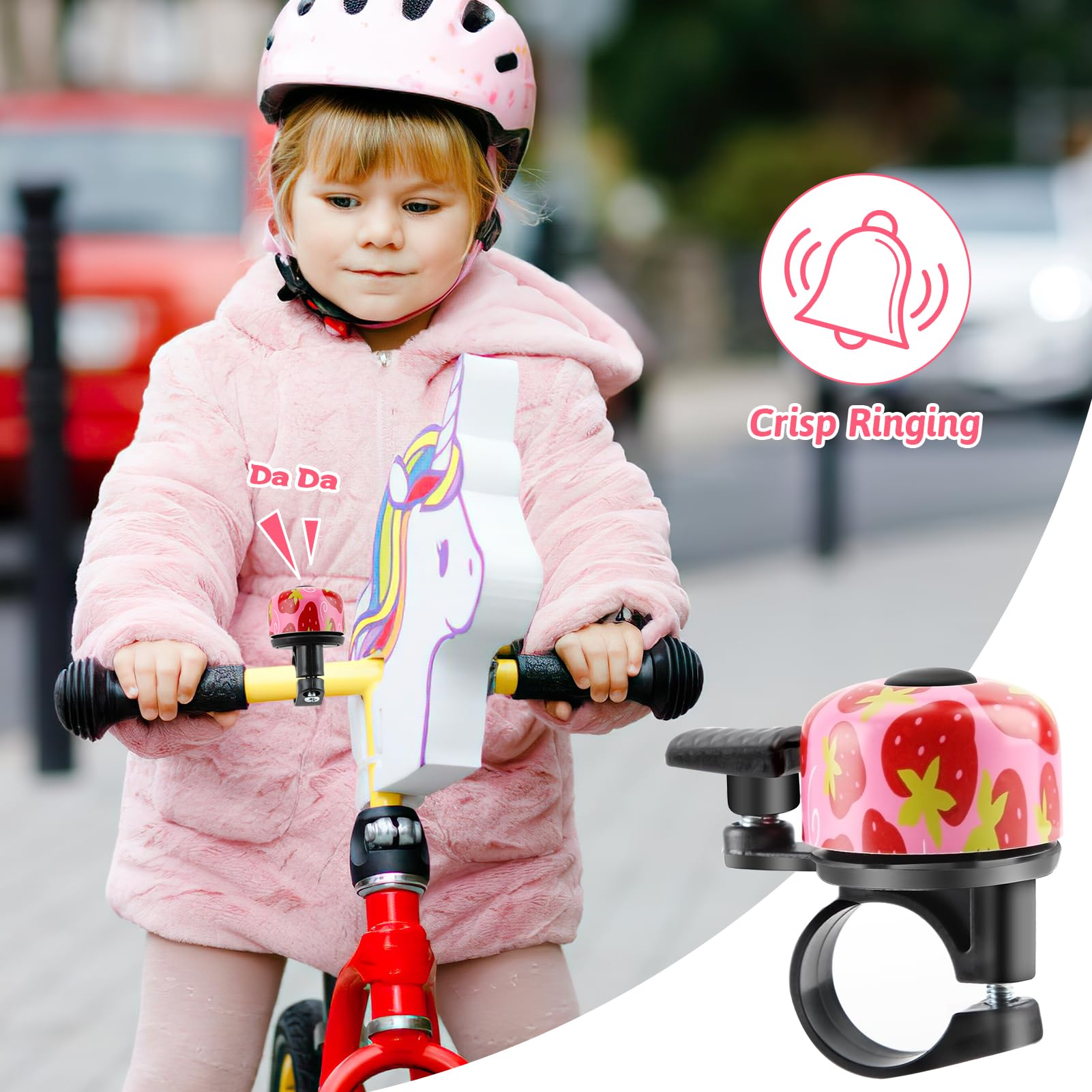 Yeria Strawberry Sonnette De Vélo Fraise – Accessoire Enfant Fille Garçon, Aluminium/Plastique, Guidon 22mm, Son Clair