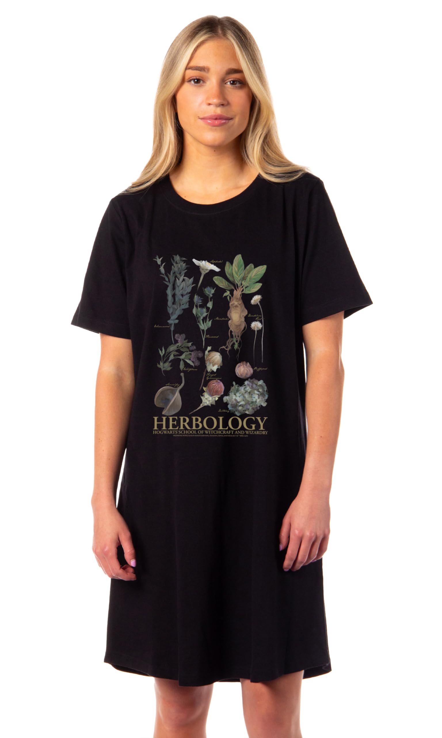 Intimo Women's Black Harry Potter Wizarding World Hogwarts Herbology Nightgown Pajama Shirt Dress, Xl