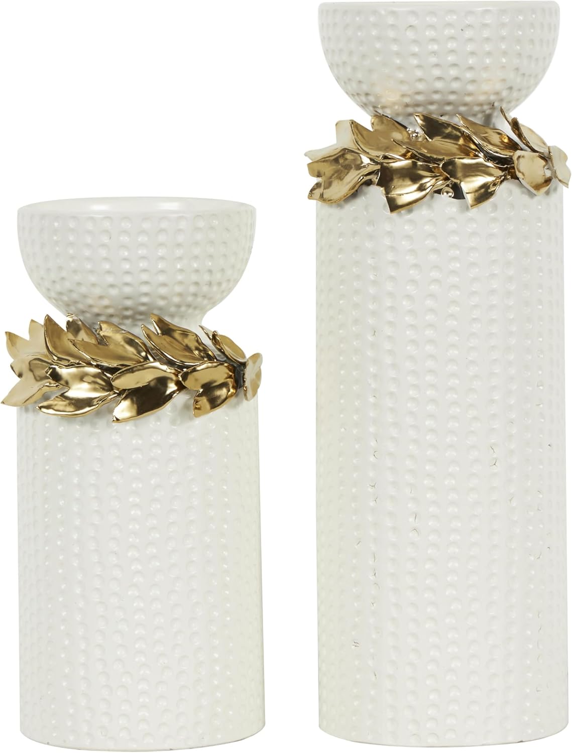 Deco 79 Ceramic Decorative Candle Holder Candle Stand with Abstract Spotted Pattern and Gold Leaf Accents, Set of 2 Candlestick Holder 12", 9" H, White