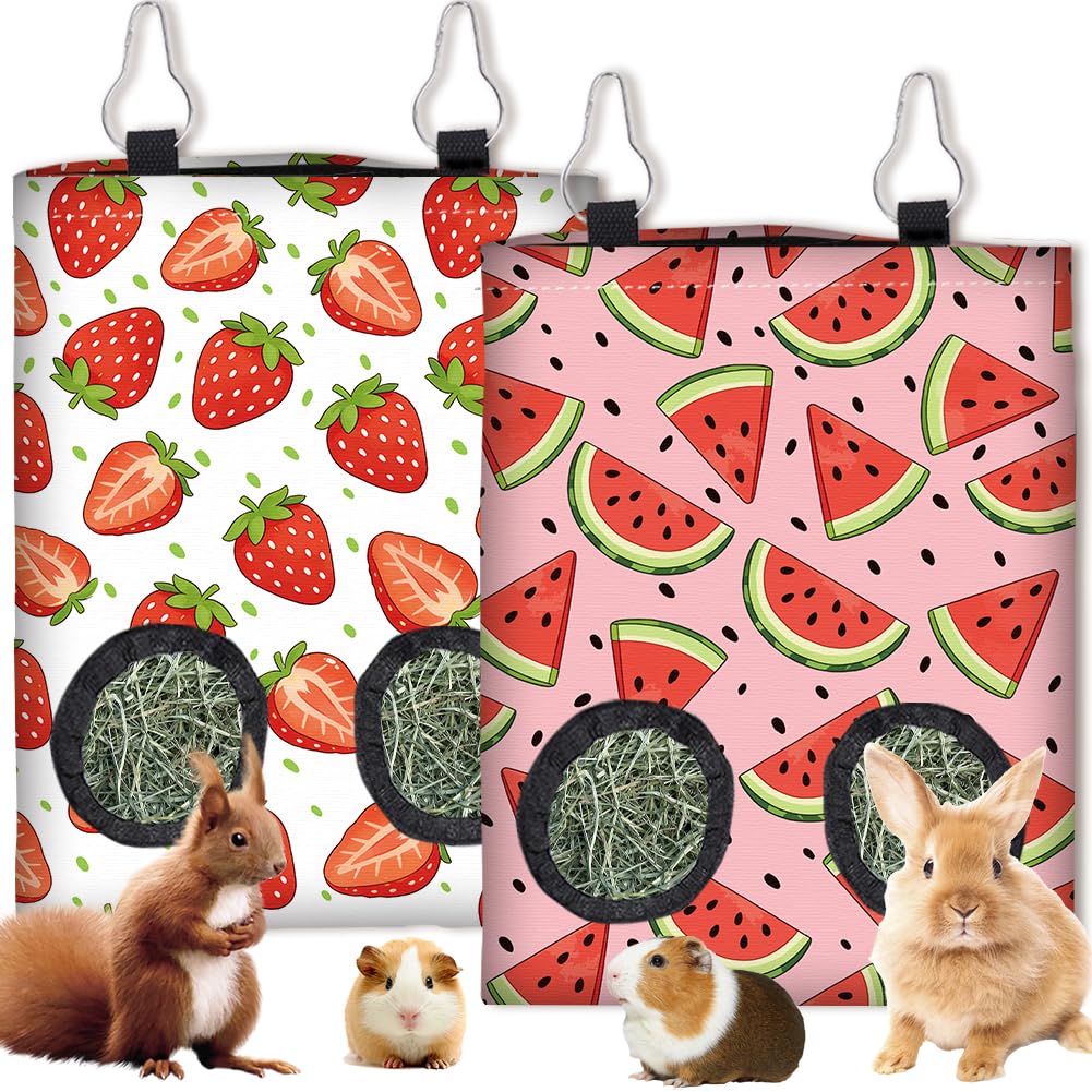 PRESSINART 2Pcs 2 Styles Strawberry Hay Feeder Bag for Guinea Pigs Chinchillas 11.6 x 9.1 Inch Small Pet Hay Bag with 2 Holes Strawberry Watermelon Cloth Washable Pet Feeding Storage Cage Accessories