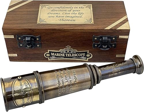 Thoreau's Go Confidently - Telescopio de latón grabado con caja de madera, regalos para el día de graduación, regalos para niños