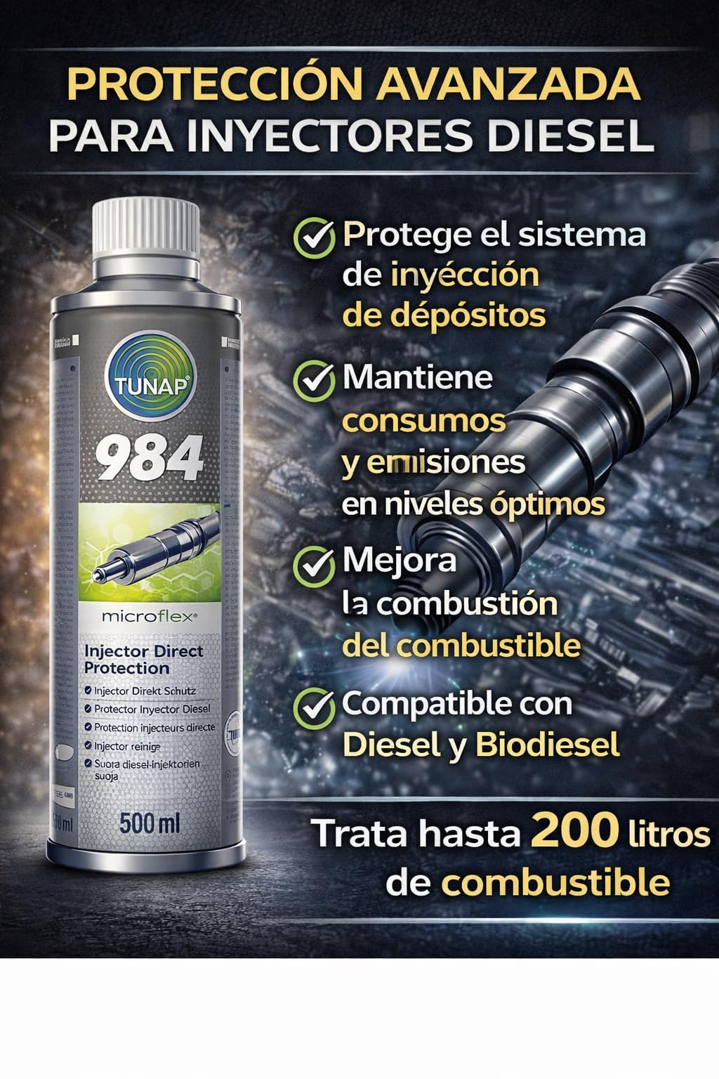984 Aditivo Diésel 500 ml – Protector de Inyectores con Tecnología ROA2 – Reduce Depósitos, Mejora Combustión y Consumo – Compatible con Motores Diésel y Biodiésel