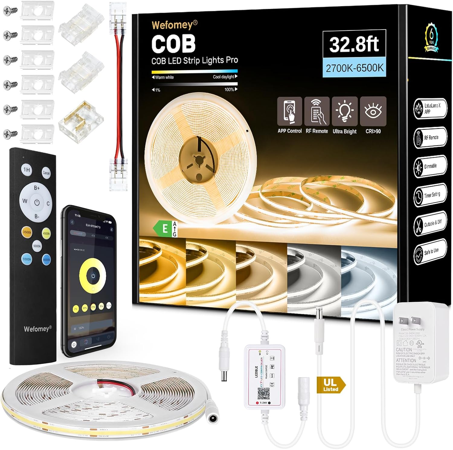 COB LED Strip Light White, 33ft Dimmable 2700K-6500K High Density 24V Flexible LED Tape Light with Remote and APP Control, UL-Listed White led Strip Lights for Bedroom Kitchen Christmas Decor