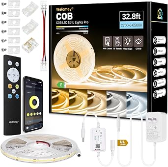 Wefomey COB LED Strip Light White, 33ft Dimmable 2700K-6500K High Density 24V Flexible LED Tape Light with Remote and APP Control, UL-Listed White led Strip Lights for Bedroom Kitchen Christmas Decor