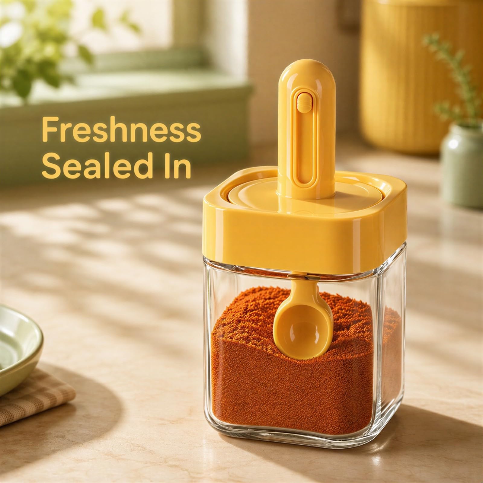 3 pièces bouteille à épices en verre rétractable, pots à épices avec cuillère intégrée, organiseur de cuisine pour condiments, hauteur 14,8 cm, jaune, vert, gris, rangement pratique pour le plan de