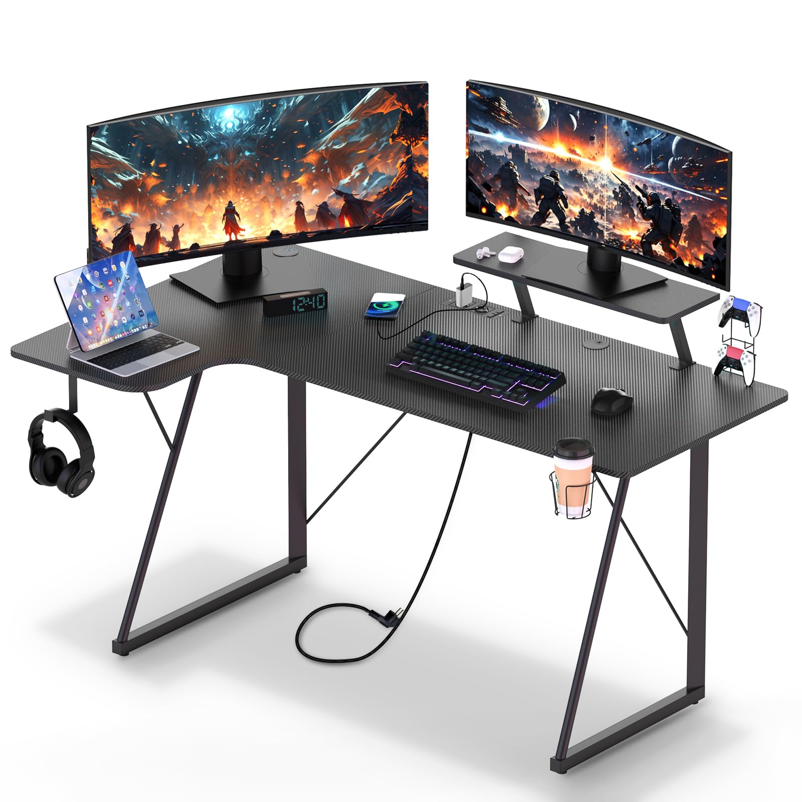 Bureau Gaming 150x90, Table Gaming avec 2 Prises Electriques et 2 Ports USB, Bureau en Forme de L, Fibre de Carbone, Support de Moniteur, pour Etudier, Jouer et Travailler, Noir