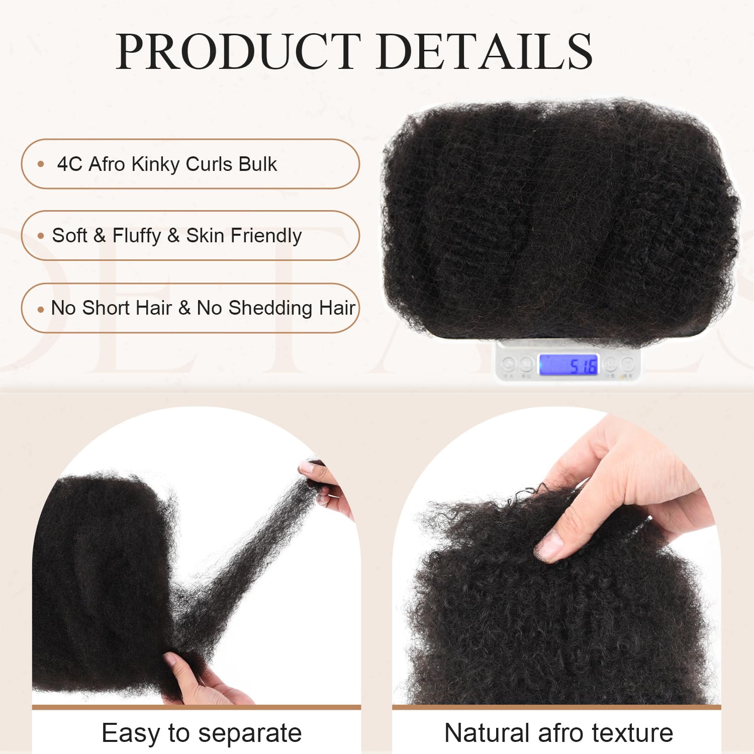 Originea Afro Kinkys Bulk Human Hair for Dreadlocks and Twist Braiding 1 Pack 100% Human Hair Soft Afro Kinky Curly Hair Bulk for Dreads Natural Black Color (8 Inch) - Image 3
