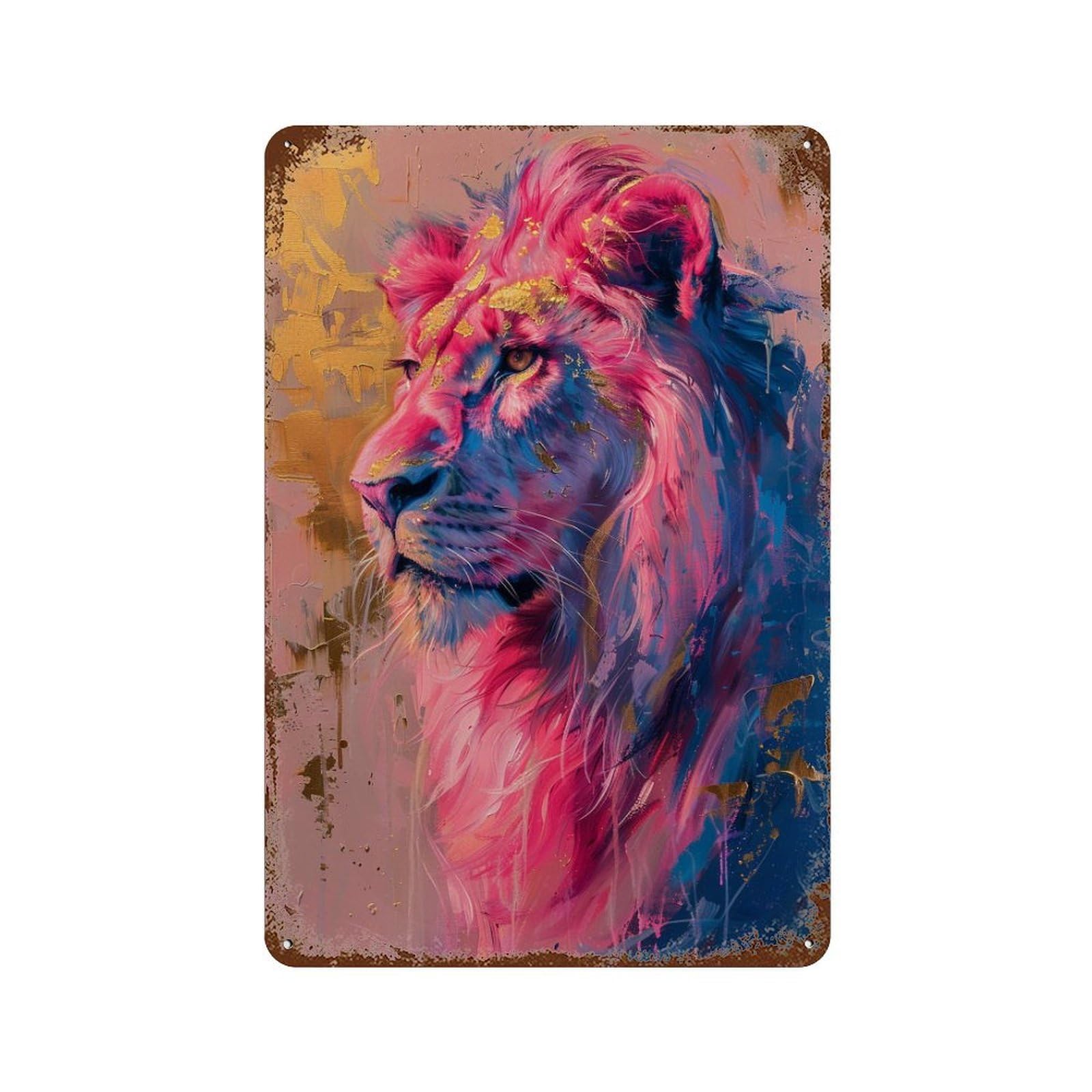Colorful Lion Art Print 11.8"x7.9" Aged Metal Wall Plaque, Classic Wall Plaque for Pub, Kitchen And Man Cave Decor