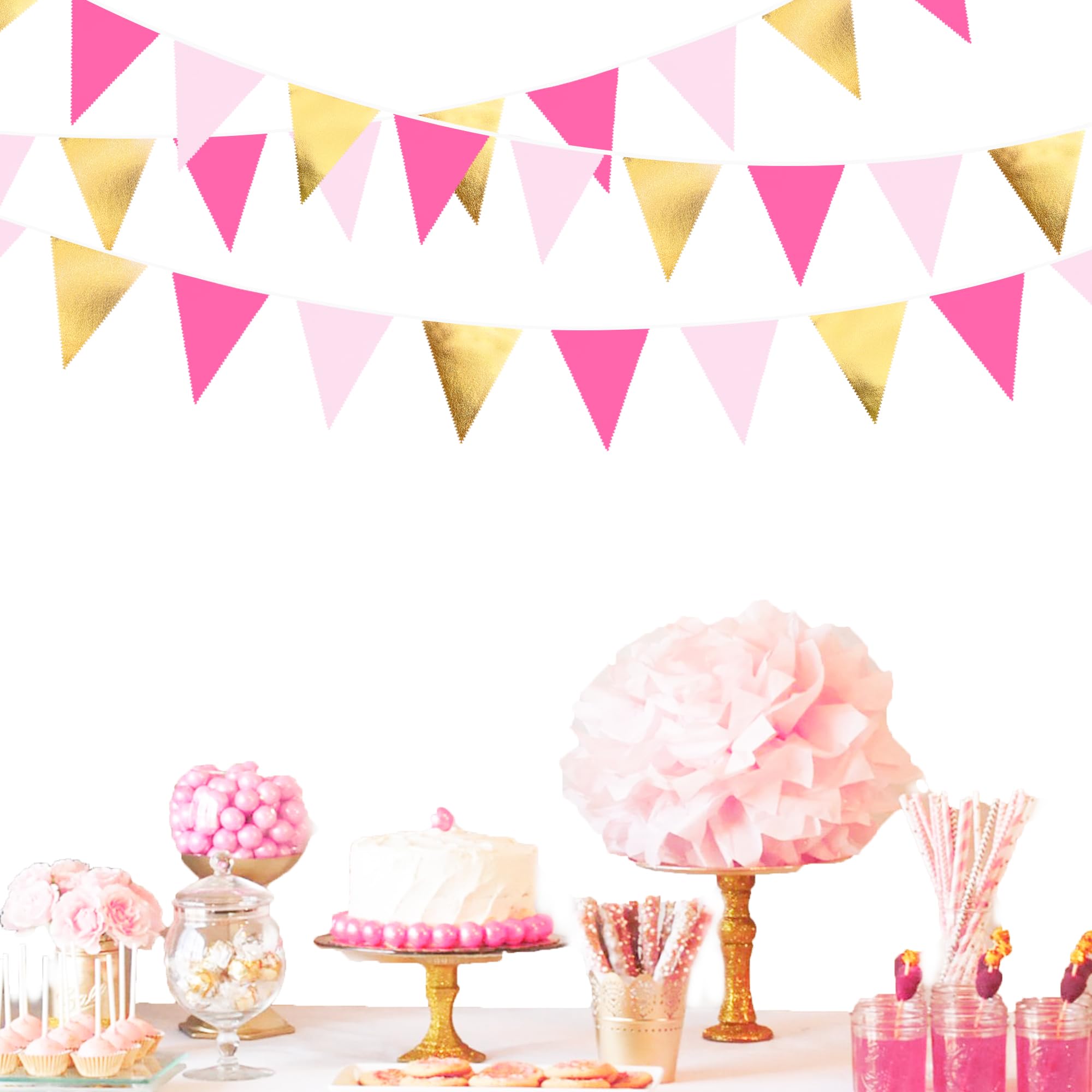 Partydekoration, 90 cm, Rotgold, Metallic-Gold und Hot Pink, Dreieck-Flagge, Stoffbanner, Wimpelkette, Girlande, Luftschlangen für Hochzeit, Babyparty, Geburtstag, Zuhause, Kinderzimmer, Outdoor,