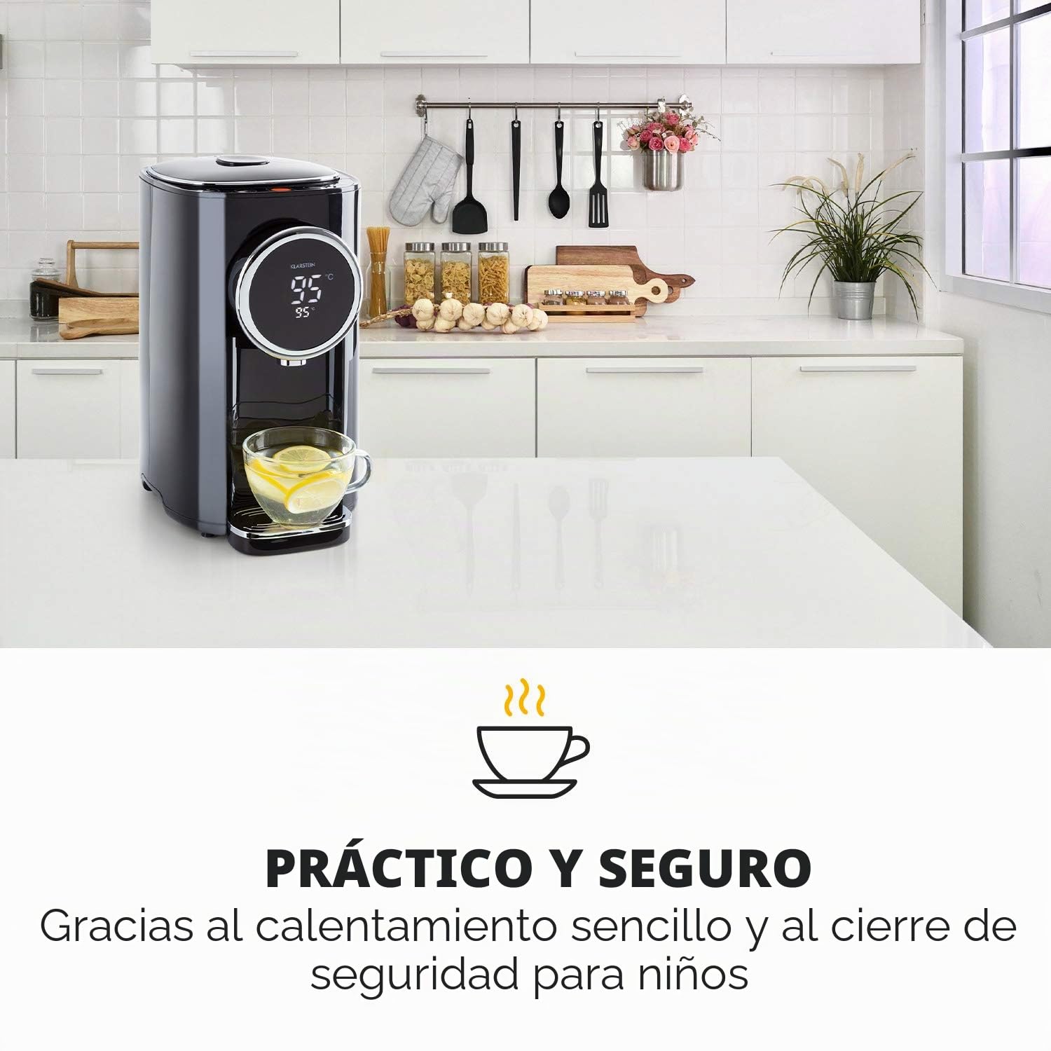 Klarstein Hot Spring Plus Dispensador de Agua Caliente - Termo, Hervidor de Agua, 5 litros de Volumen, Panel táctil, Temperatura de 45-95 °C, Pantalla LCD, Depósito de Acero Inoxidable, Negro